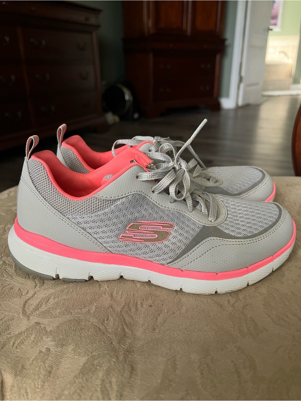 Skechers Women's Light Gray and Pink Slip-On Athletic Sneakers